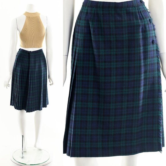 Green Blue Plaid Virgin Wool Fringe Wrap Skirt - Picture 2 of 10